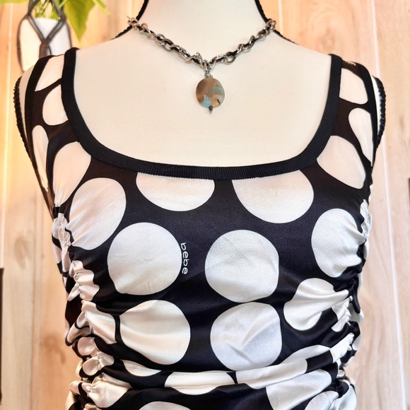 Vintage Bebe Women's Small Black and White Polka Dot Silky Ruched Tank Top 2000s - Picture 7 of 8